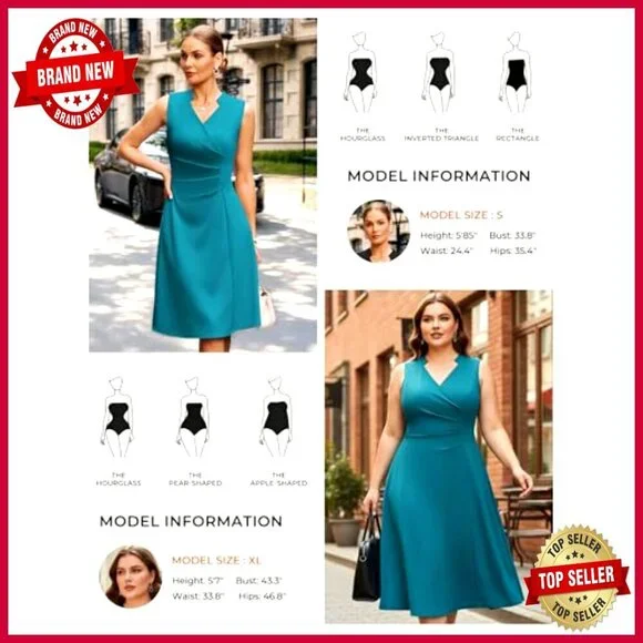 Sleeveless V Neck Midi Dress A Line Ruched Waist Business Elegant Chic - Picture 3 of 7